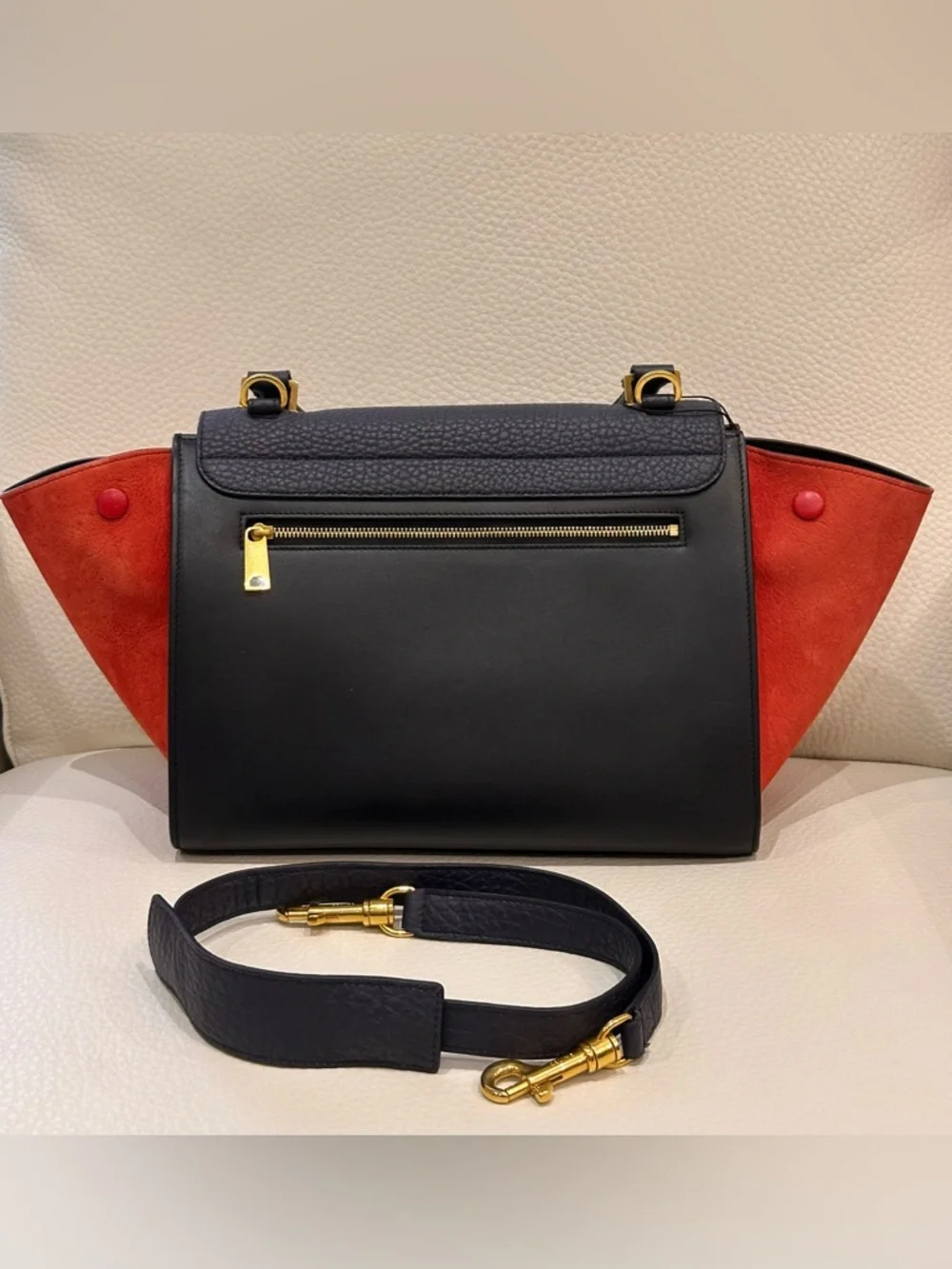 Celine Tricolor Trapeze Satchel in Black, Navy & Red /Size Small - Picture 4 of 15